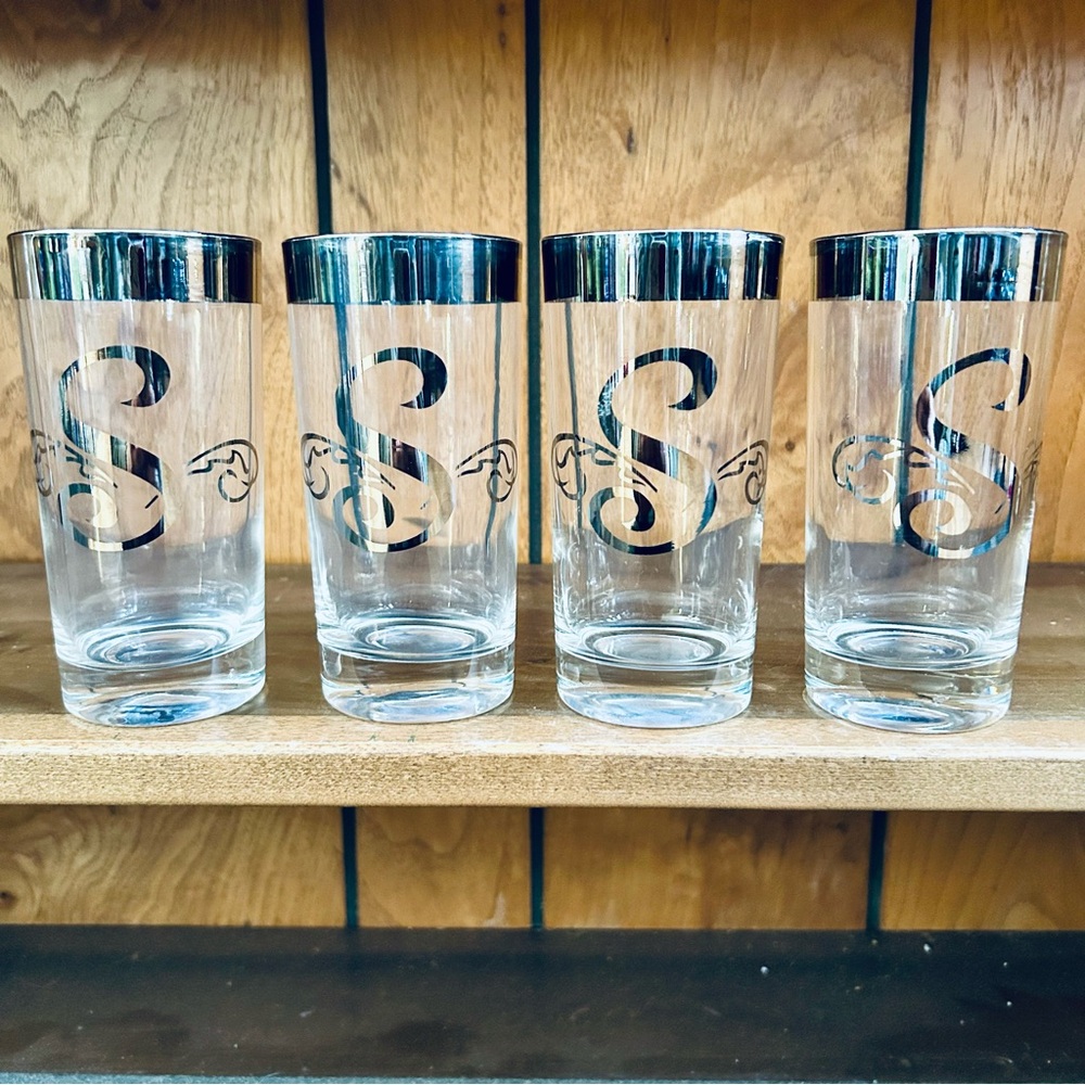 VTG MCM Dorothy Thorpe Style Monogram S Silver Band High Ball Glasses Set 4 FLAW
